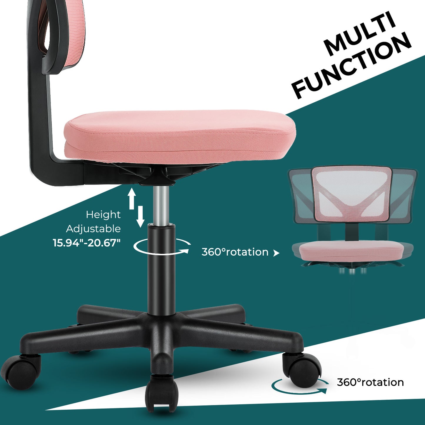 IDLE WAY Small Office Desk Chair with Wheels, Modern Rolling Armless Office Chair with Height Adjustable Comfortable Support, Cute Vanity Chair for Home Bedroom Office Study Make-up, Dressing Room
