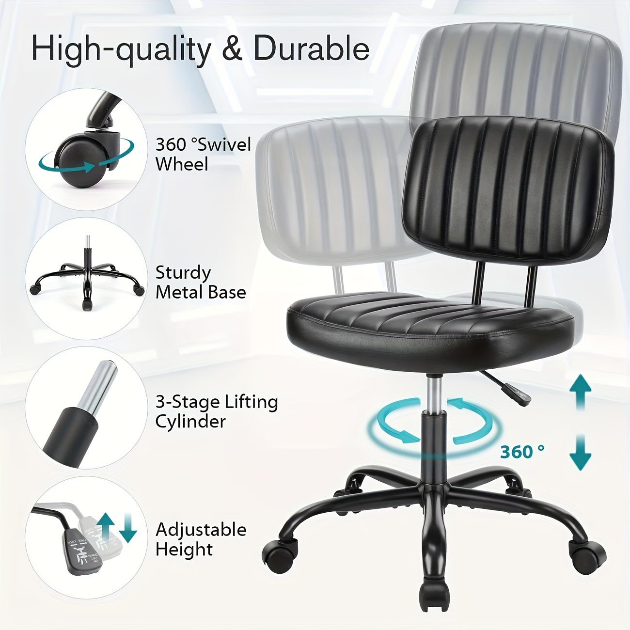 Portable Office Chair, Leather Texture, 5-wheel Swivel Base, Space-saving Design, Suitable For Use In Office, Living Room, School, Bedroom, Easy To Slide And Move