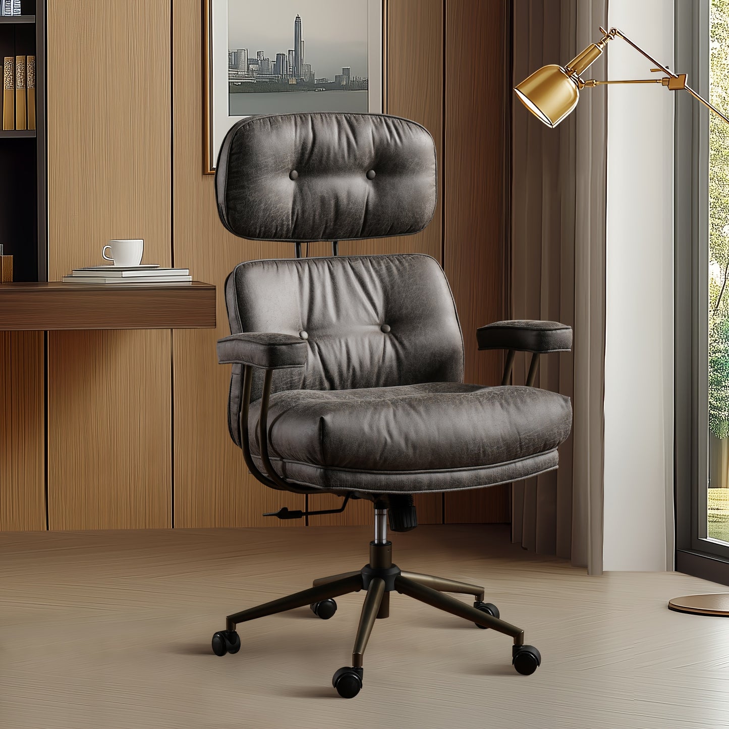 Elegant Style | Ergonomic Mid-Century Modern Suede Office Chair, High Back Adjustable Desk Chair with Padded Armrests and Lumbar Support, Stylish Executive Chair for Home Office, Brown Faux Leather-Like Finish with Metal Frame, HOOOWOOO