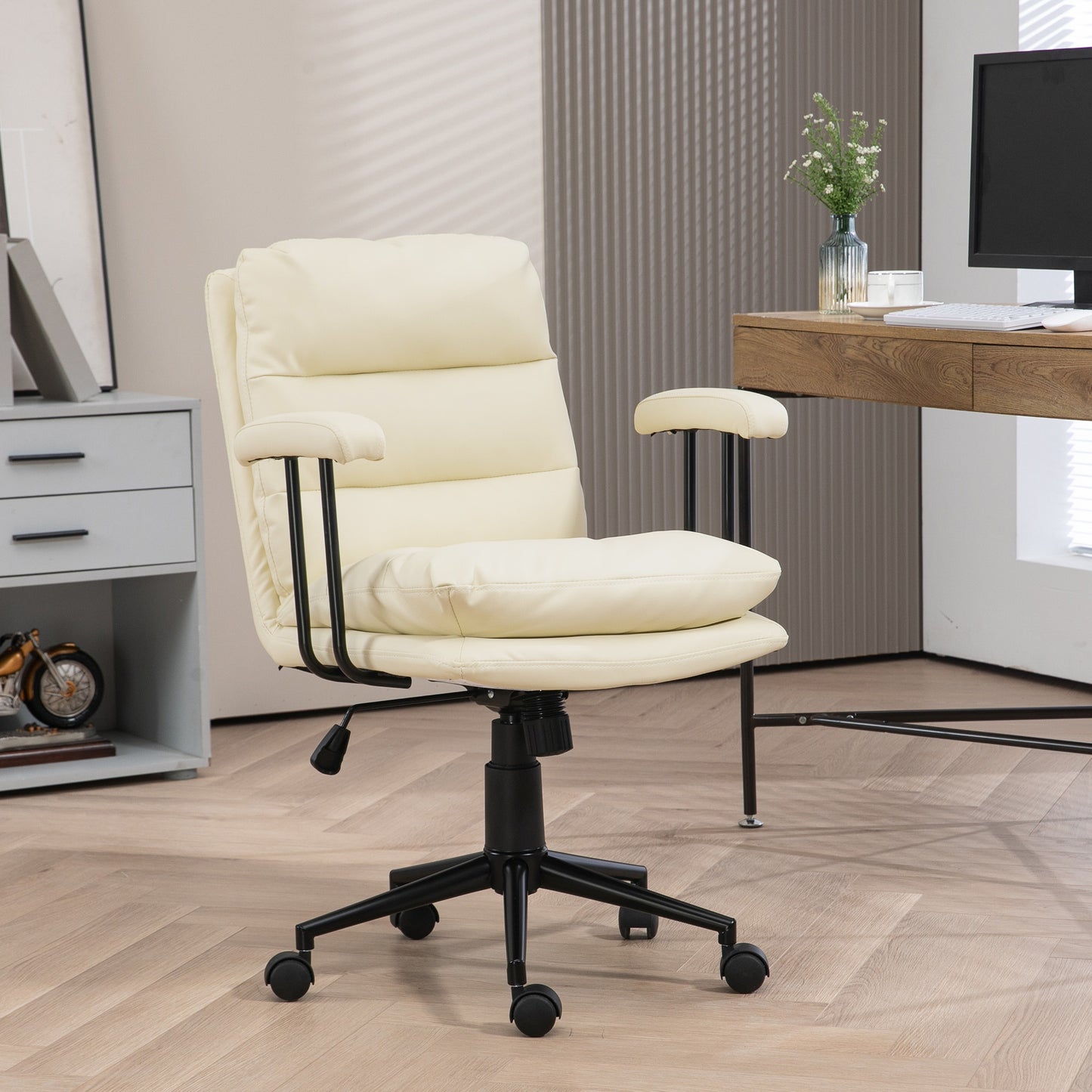HOMCOM PU Leather Office Chair, Office Desk Chair, Task Computer Chair with Swivel Wheels, Adjustable Height, Double-tier Padded, Beige