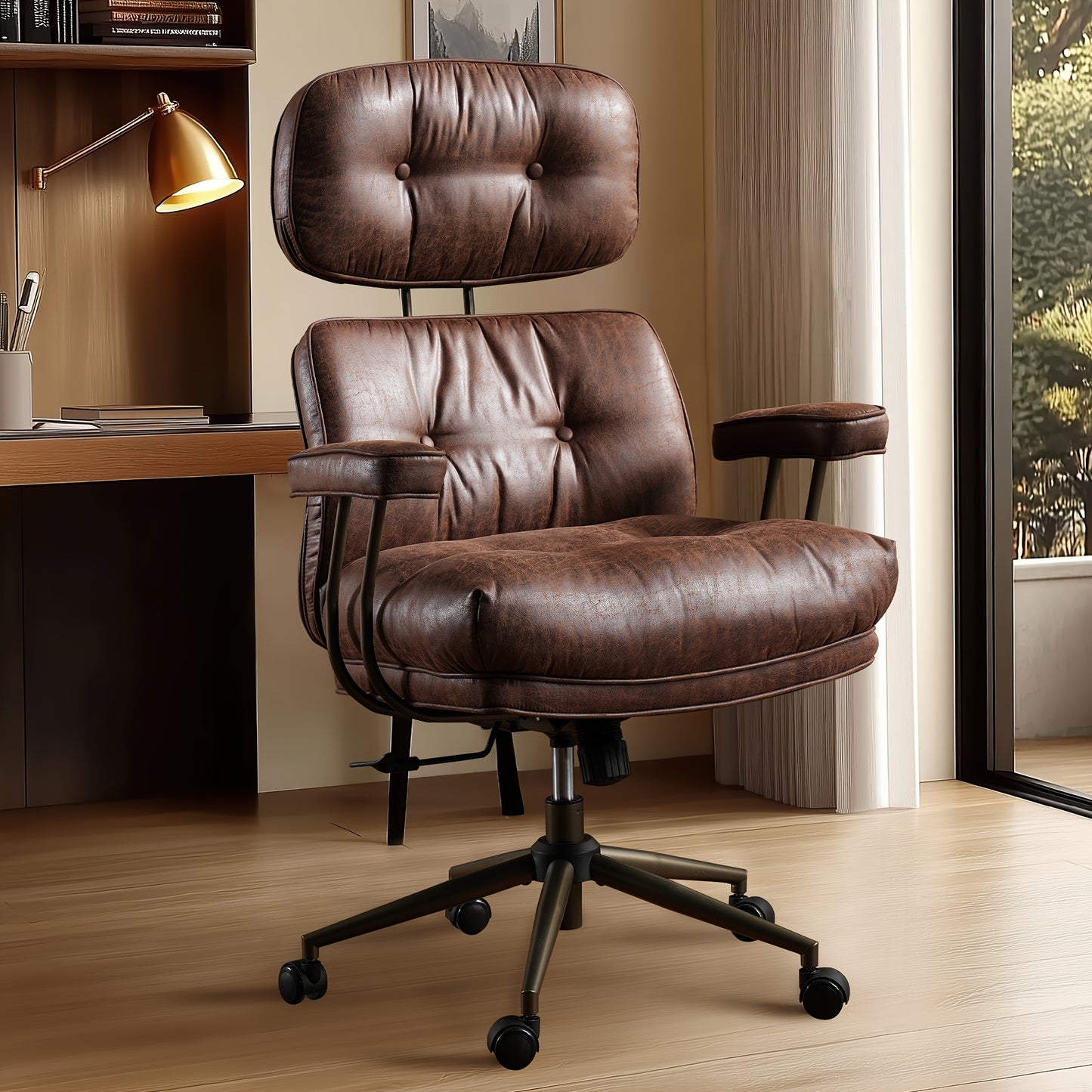 Elegant Style | Ergonomic Mid-Century Modern Suede Office Chair, High Back Adjustable Desk Chair with Padded Armrests and Lumbar Support, Stylish Executive Chair for Home Office, Brown Faux Leather-Like Finish with Metal Frame, HOOOWOOO