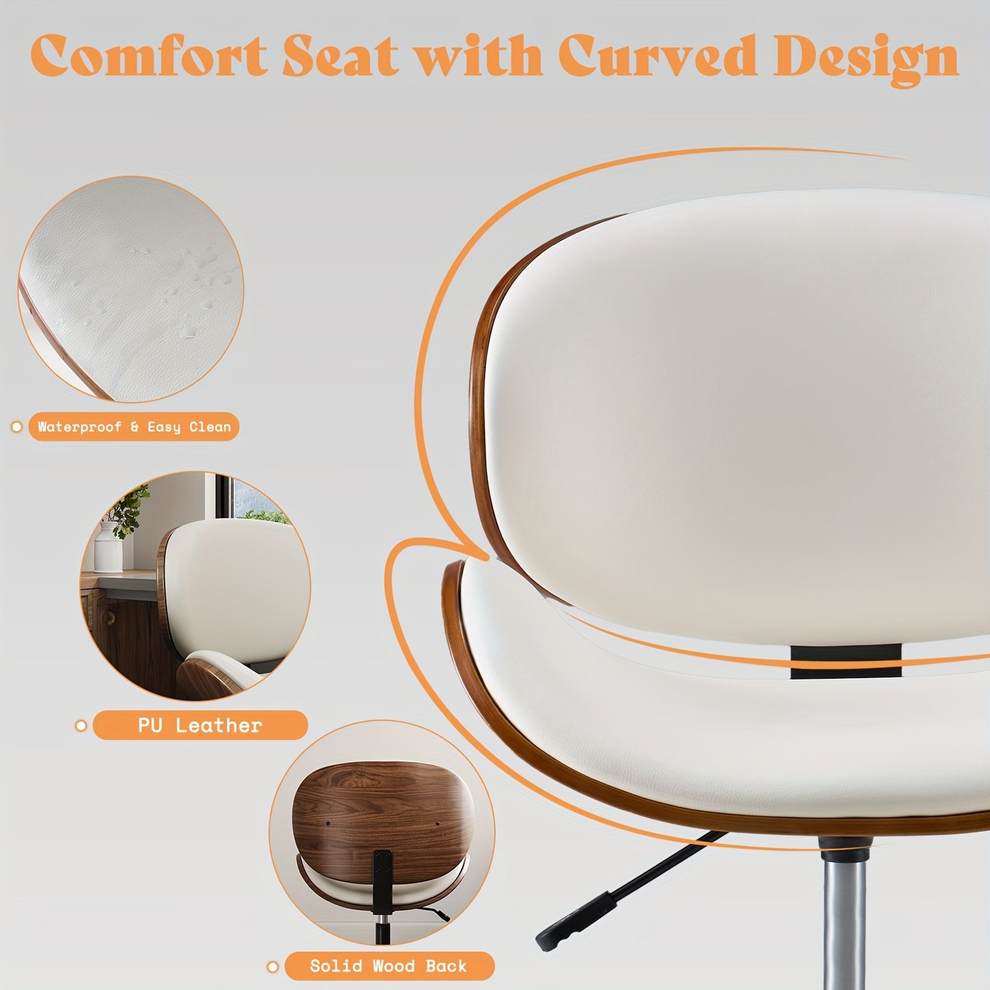 Ergonomic Home Office Desk Chair: Modern Mid-Century Armless Design With PU Leather, Bentwood, 360° Swivel Wheels, Adjustable Seat Height For Office, Study, Bedroom