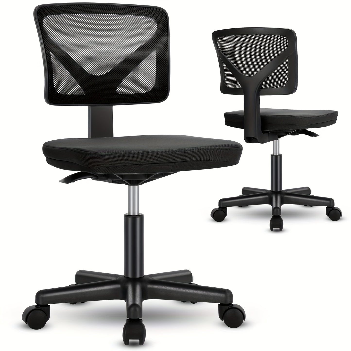 Armless Desk Chairs, Ergonomic Low Back Computer Chair No Arms, Adjustable Rolling Mesh Task Work Swivel Chairs with Wheels Work Vanity Chair for Small Spaces Home Bedroom, Classic Black