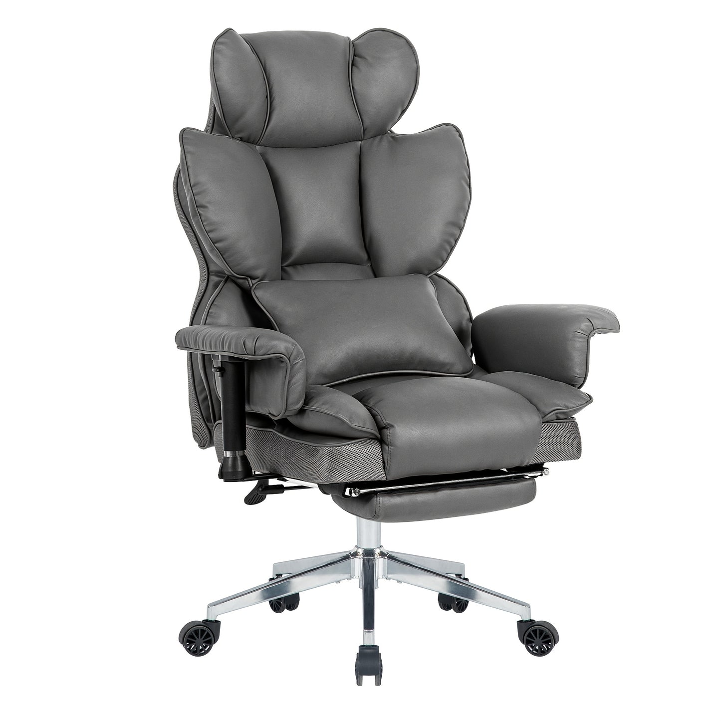 Ergonomic Big and Tall Office Chair, Reclining Gaming Chair with Thick Faux Leather Upholstery and Lumbar Support, Stainless Steel Frame, Rotating Mechanism for Hard Floors - Ideal for Home Office, Computer Desk Chair, Comfy
