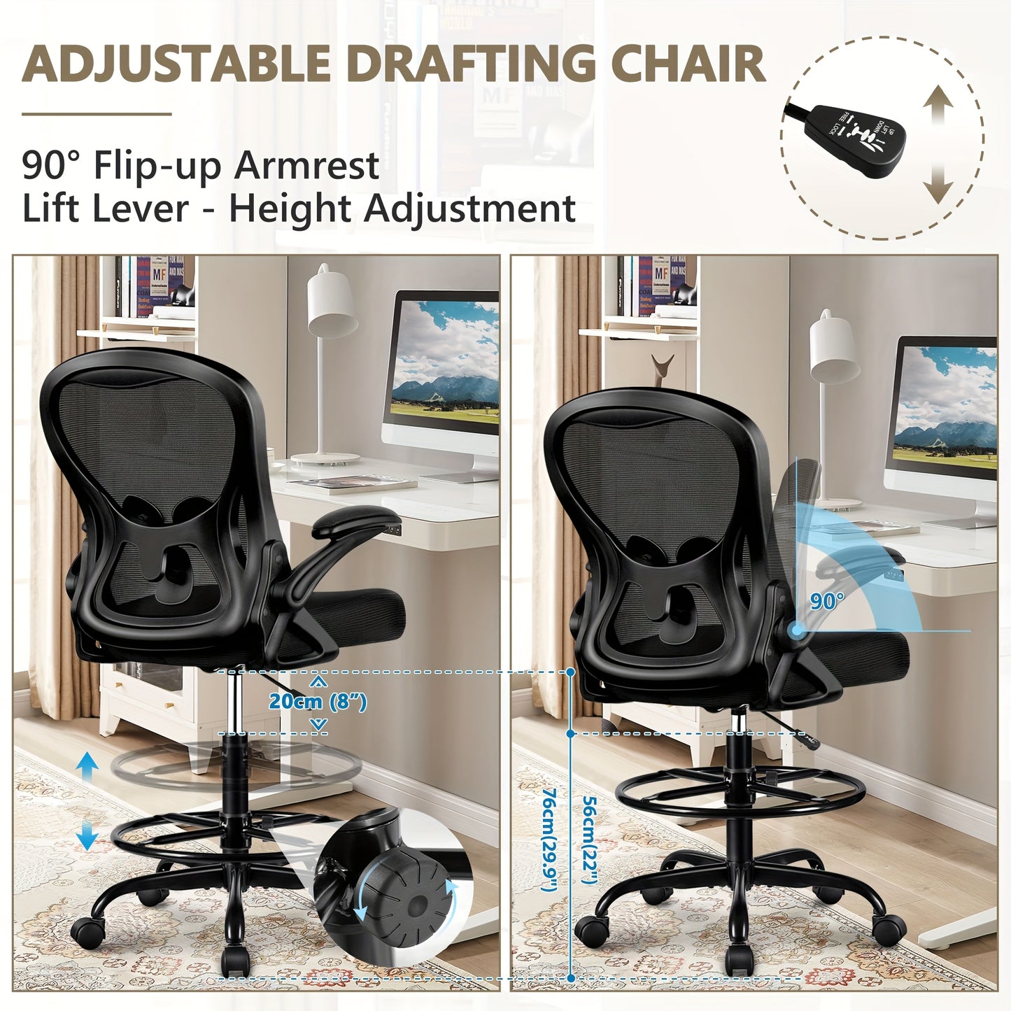 Actflame Drafting Chair Tall Office Chair With Flip-up Armrests Executive Ergonomic Computer Standing Desk Chair With Adjustable Lumbar Support And Adjustable Footrest Ring