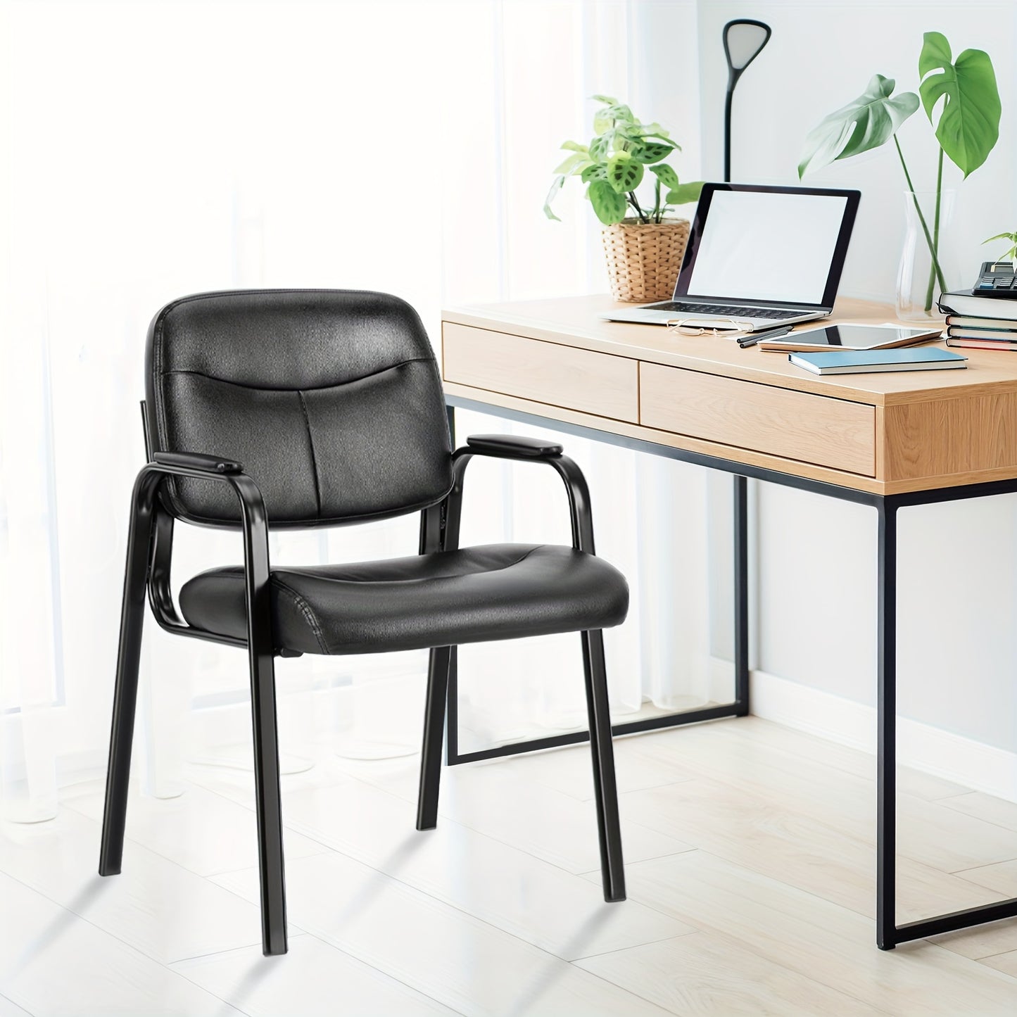 Office Guest Reception Chairs No Wheels, PU Leather Conference Waiting Room Chair Executive Lobby Chair with Padded Arms, Black