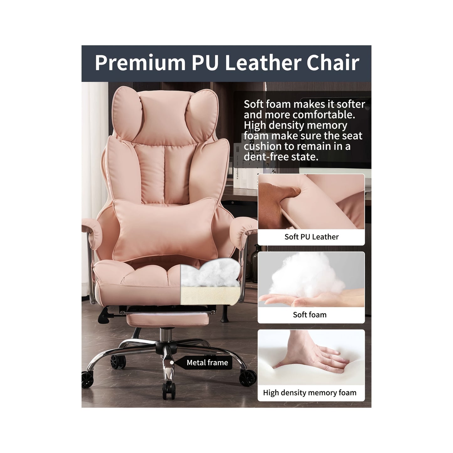 Efomao Office Chair 400LBS, Big and Tall Office Chair, Faux Leather Computer Chair, Executive Office Chair with Leg Rest and Lumbar Support, Pink Office Chair