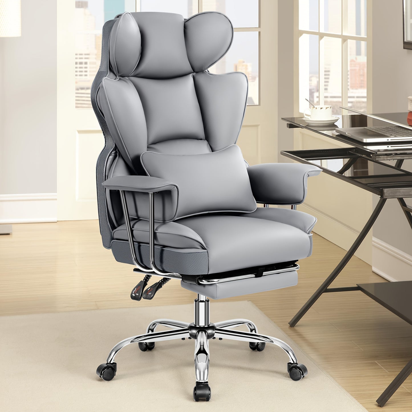 KERDOM Office Desk Chair, Big & Tall Executive Office Chair With Footrest, Beautiful PU Leather Computer Chair, Ergonomic Reclining Chair High Back With Lumbar Support, Large Home Office Chair With Pillow Soft White Leather Chair Christmas Gift Chair