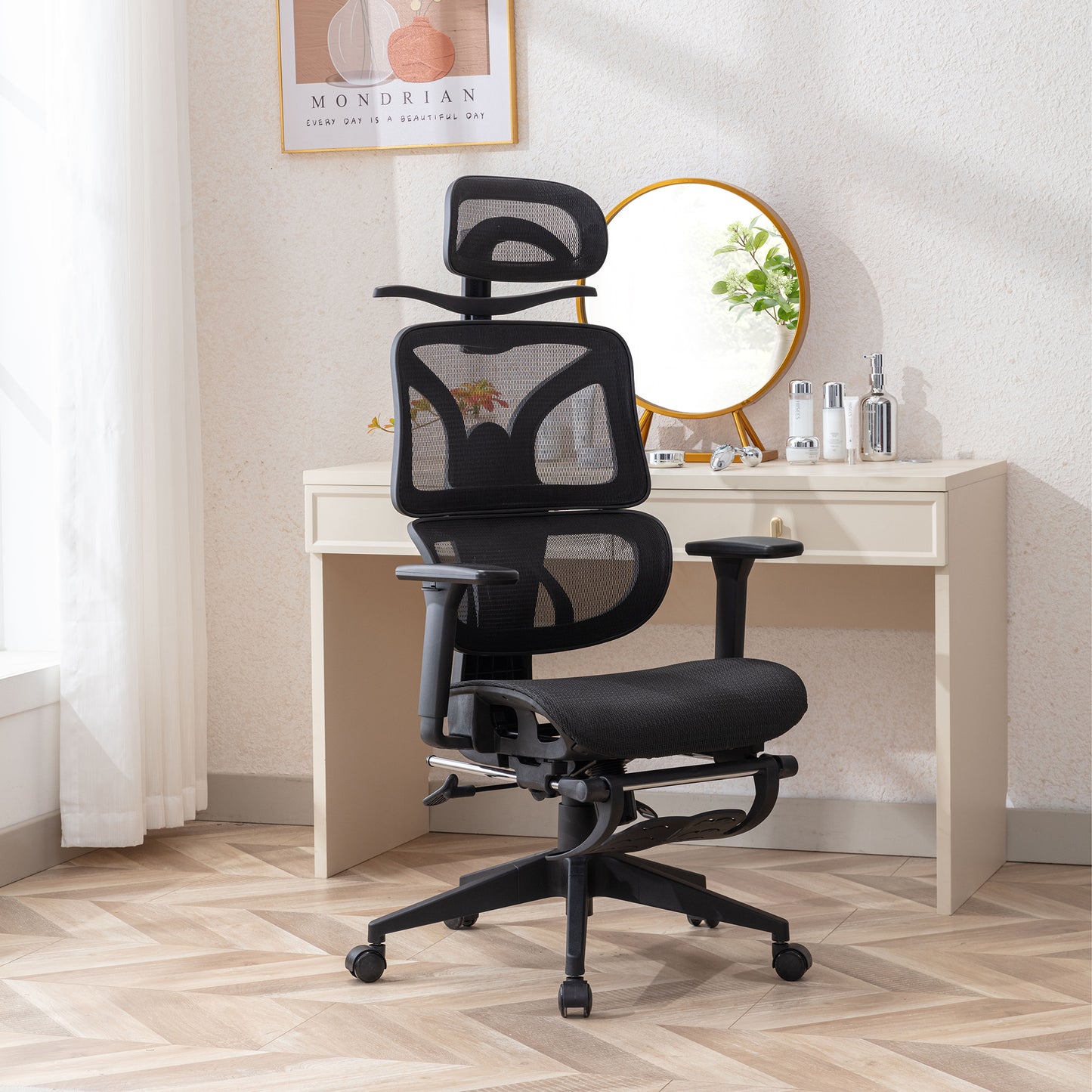VECELO Ergonomic High Back Mesh Office Chair with Retractable Footrest, Backrest Tilt Function Adjustable, Black