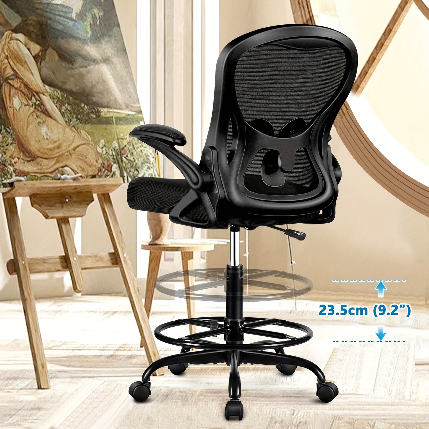 Actflame Drafting Chair Tall Office Chair With Flip-up Armrests Executive Ergonomic Computer Standing Desk Chair With Adjustable Lumbar Support And Adjustable Footrest Ring
