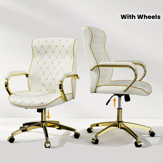 1pc Office Chair with Golden Frame, Soft PU Office Chair with Wheels And Padded Arms, Mid Back Executive Desk Chair, Swivel Vintage Desk Chair And Height Adjustable