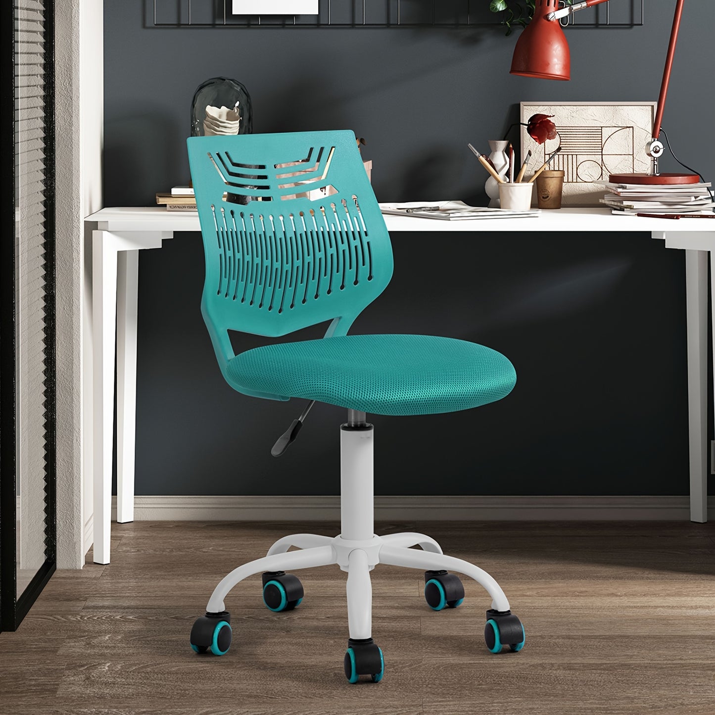 1pc Ergonomic Task Chair, Armless Desk Chair with Mesh Padded Cushion, Swivel Study Chair with Rolling Wheels, Open Back, Fabric Material, Non-Electric, Wipe Clean Care, for Hard Floor - Purple\u002FRose\u002FGreen, Office Chair Cushion