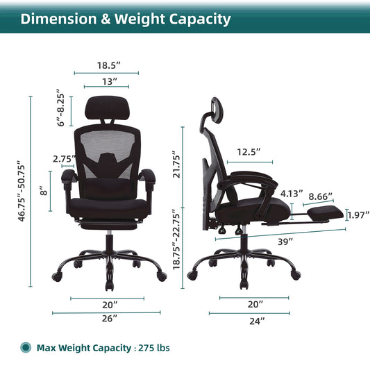 Home Office Desk Chair with Footrest and Headrest, High-Back Mesh Rolling Swivel Reclining Chairs with Wheels, Comfortable Headrest, Lumbar Support, Comfy Arms for Home, Office, Gaming, Student