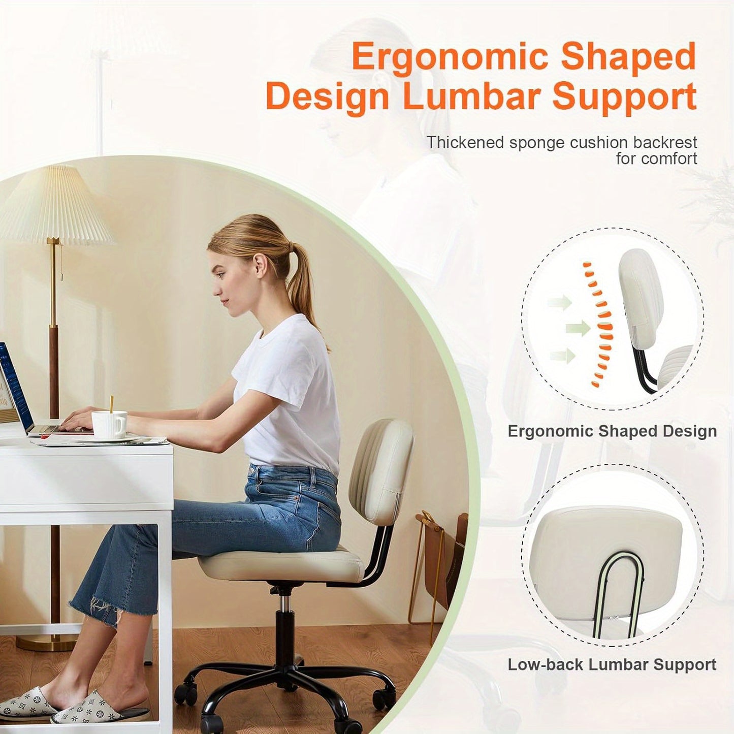 Small Office Chair Armless with Wheels, Swivel Desk Seat with Back Lumbar Support Height Adjustable for Home Study Vanity, Pu Leather, White, Black, Brown