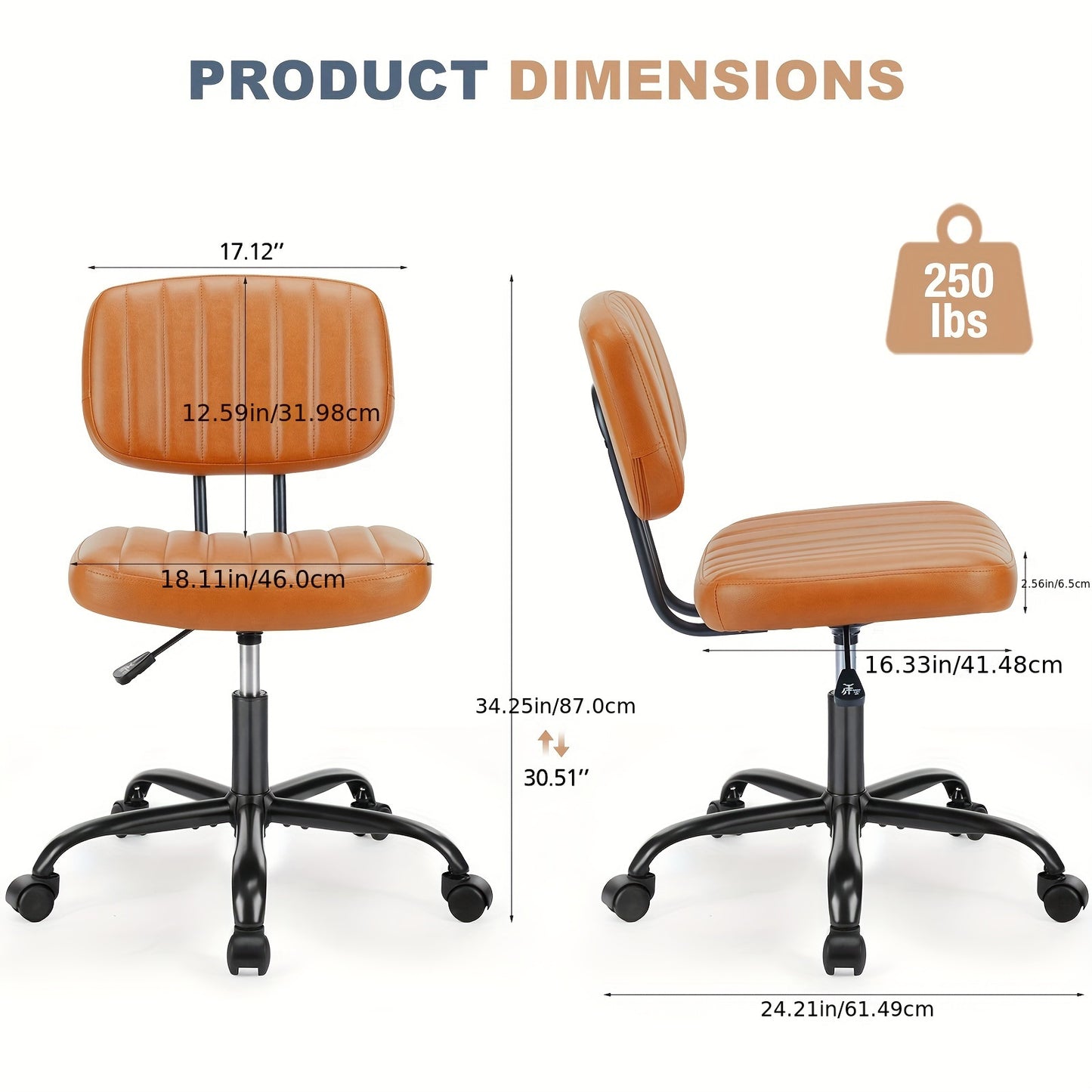 Armless Home Office Chair, Ergonomic Desk Chair with Wheels, Height Adjustable PU Leather, Comfy Low Back Lumbar Support - Brown
