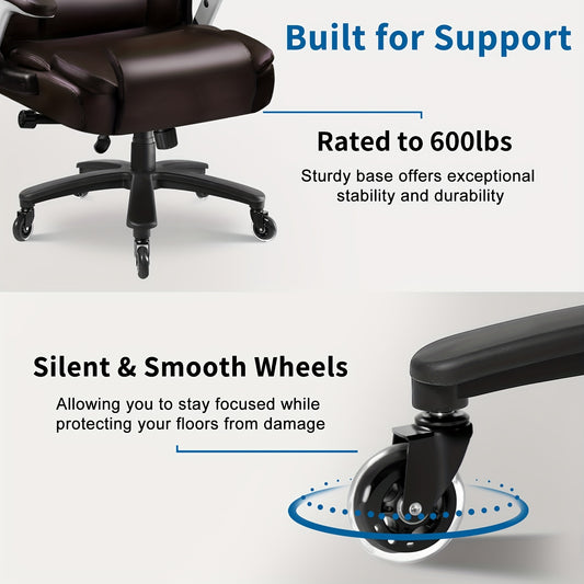 Big And Tall Office Chair 600lbs, Heavy Duty Executive Office Chair for Heavy People, Brown High Back Faux Leather Ergonomic Office Chair with Adjustable Armrests And Lumbar Support for Computer Desk Chair