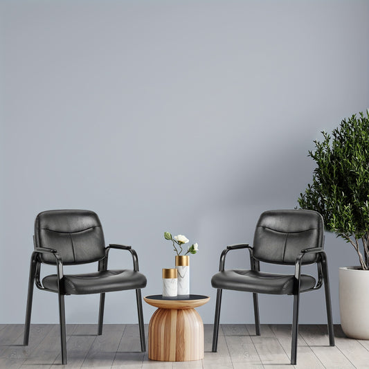 Office Guest Reception Chairs No Wheels, PU Leather Conference Waiting Room Chair Executive Lobby Chair with Padded Arms, Black