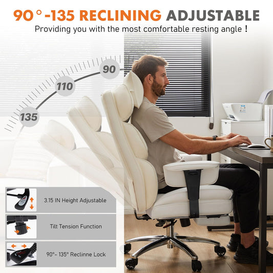 Home Office High Back Reclining Desk Chair with Footrest, Big and Tall Adjustable Height PU Leather Executive Computer Task Chair with Leg Rest and Lumbar Support, Armrest, White, Brown, Black