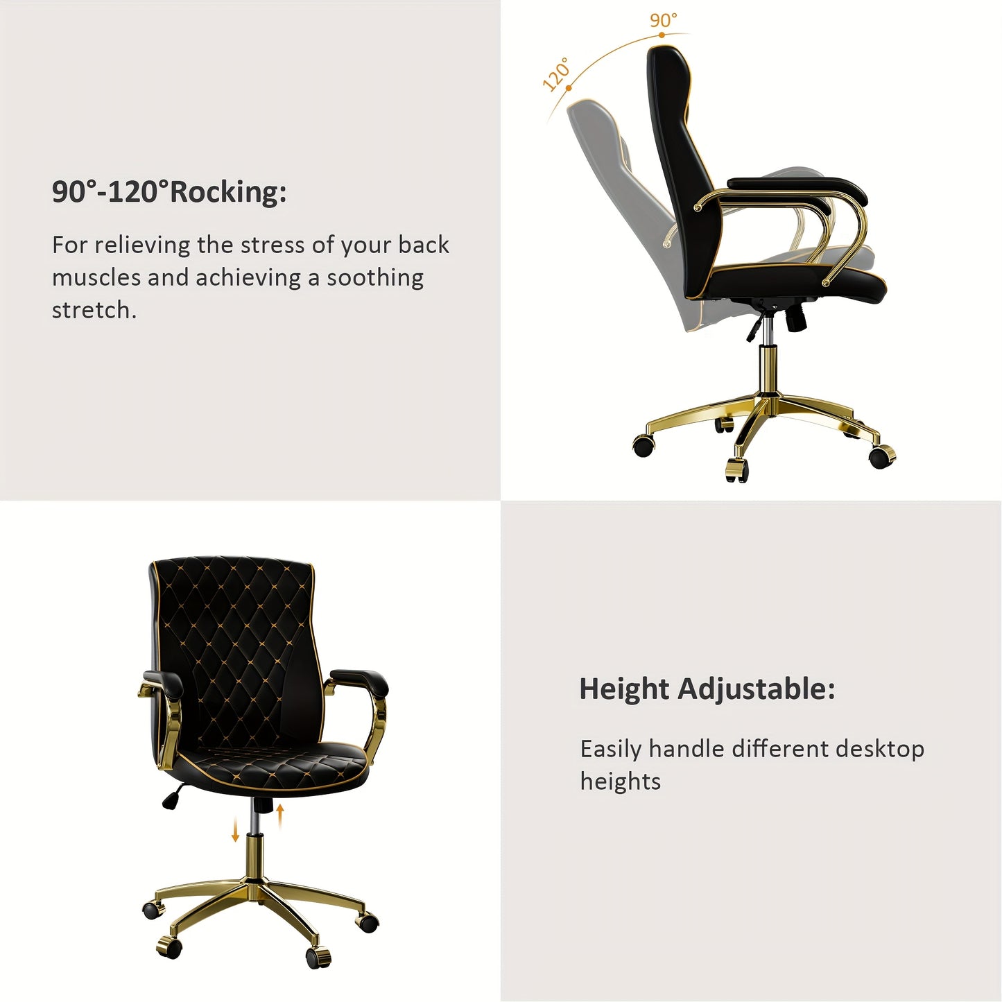 1pc Office Chair with Golden Frame, Soft PU Office Chair with Wheels And Padded Arms, Mid Back Executive Desk Chair, Swivel Vintage Desk Chair And Height Adjustable