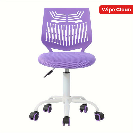 1pc Ergonomic Task Chair, Armless Desk Chair with Mesh Padded Cushion, Swivel Study Chair with Rolling Wheels, Open Back, Fabric Material, Non-Electric, Wipe Clean Care, for Hard Floor - Purple\u002FRose\u002FGreen, Office Chair Cushion