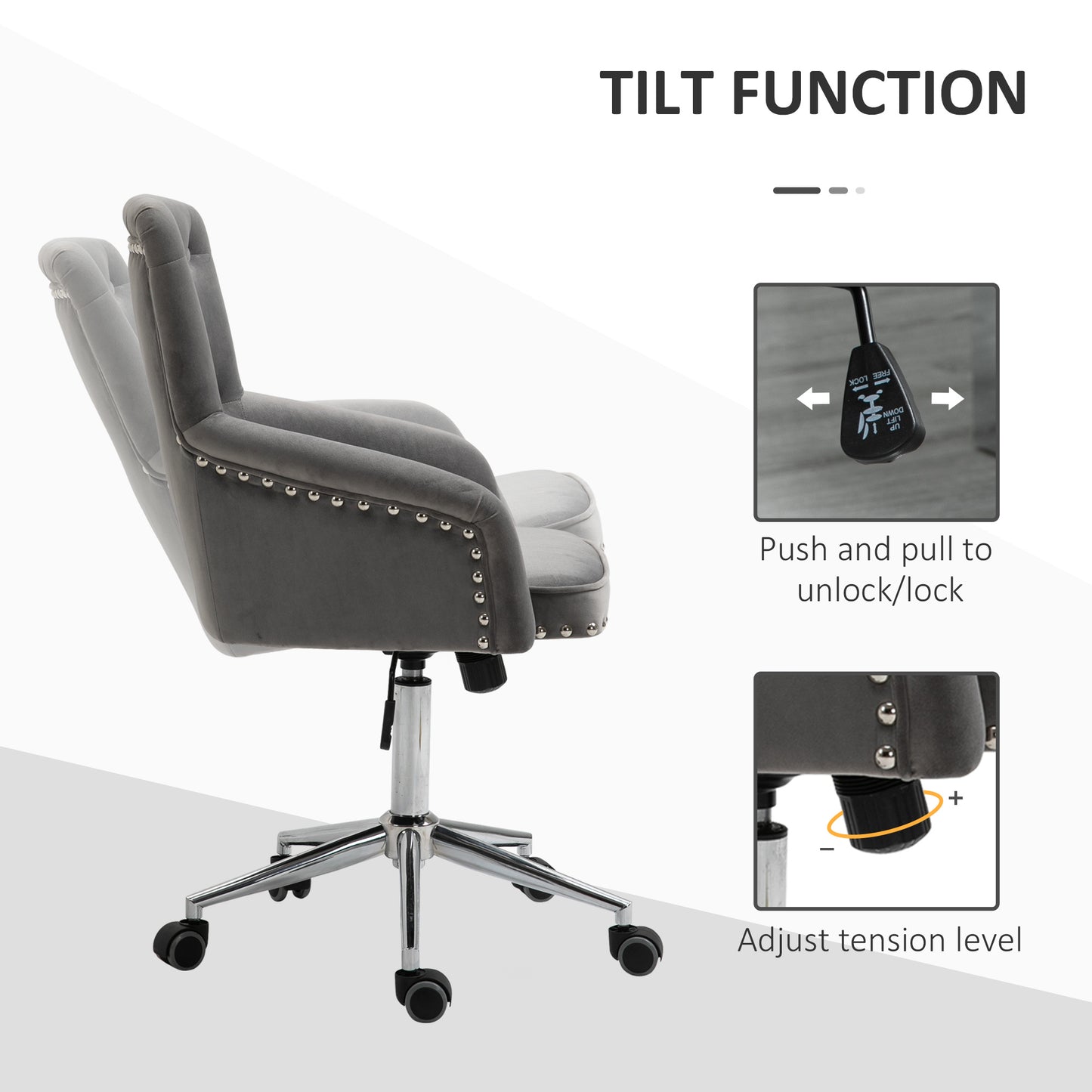 HOMCOM Modern Mid-back Desk Chair with Button Tufted Velvet Back, Nailhead Trim, Swivel Home Office Chair with Adjustable Height, Curved Padded Armrests, Black
