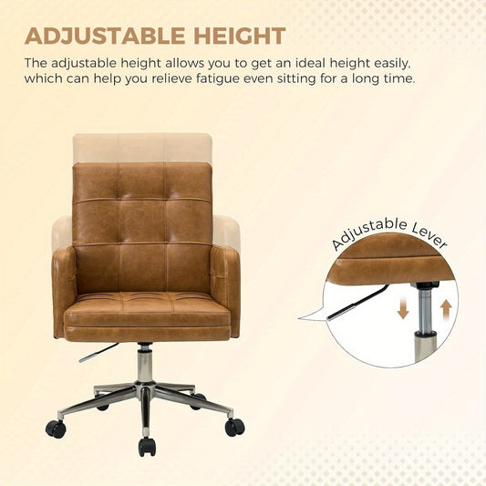 Office Chair with Mid Back Support & Armrests, Mid Century Modern Tufted Home Gaming Desk Chair, Height-Adjustable Swivel Computer Task Chair for Study Bedroom Living Room