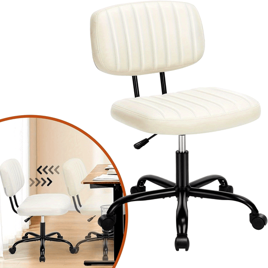 Small Office Chair Armless with Wheels, Swivel Desk Seat with Back Lumbar Support Height Adjustable for Home Study Vanity, Pu Leather, White, Black, Brown