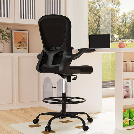 Drafting Chair, Tall Office Chair with Flip-up Armrests Executive Ergonomic Computer Standing Desk Chair, Office Drafting Chair with Lumbar Support and Adjustable Footrest Ring