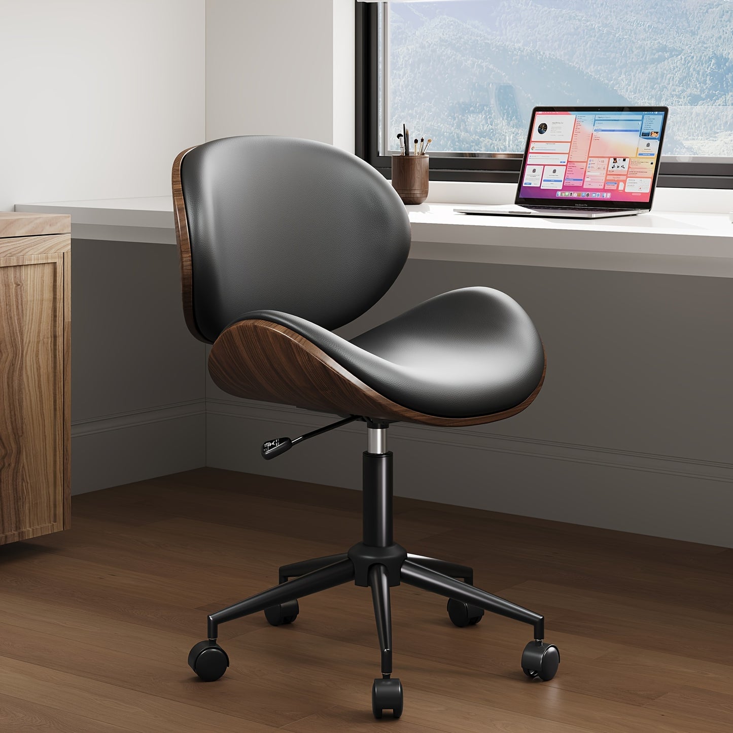 Ergonomic Home Office Desk Chair: Modern Mid-Century Armless Design With PU Leather, Bentwood, 360° Swivel Wheels, Adjustable Seat Height For Office, Study, Bedroom