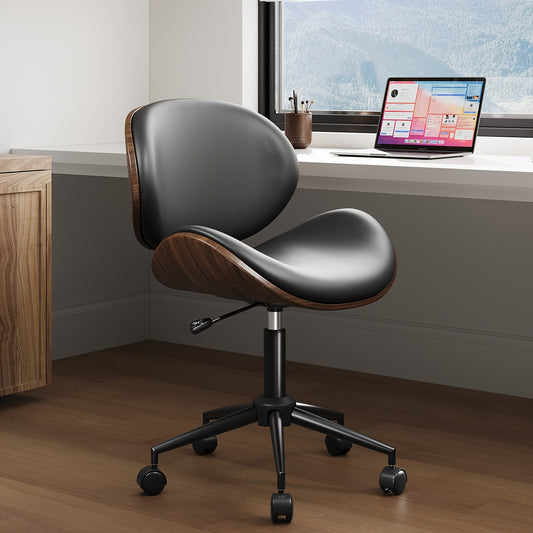 Ergonomic Home Office Desk Chair: Modern Mid-Century Armless Design With PU Leather, Bentwood, 360° Swivel Wheels, Adjustable Seat Height For Office, Study, Bedroom