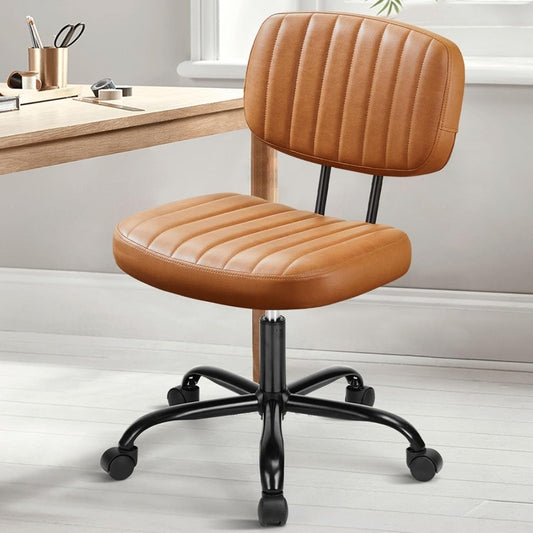 Small Armless Home Desk Chair with Low Back Lumbar Support Height Adjustable PU Leather Computer Task with 360° Swivel Wheels for Small Space and Adults Brown