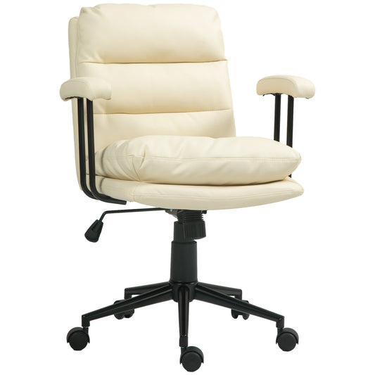 HOMCOM PU Leather Office Chair, Office Desk Chair, Task Computer Chair with Swivel Wheels, Adjustable Height, Double-tier Padded, Beige