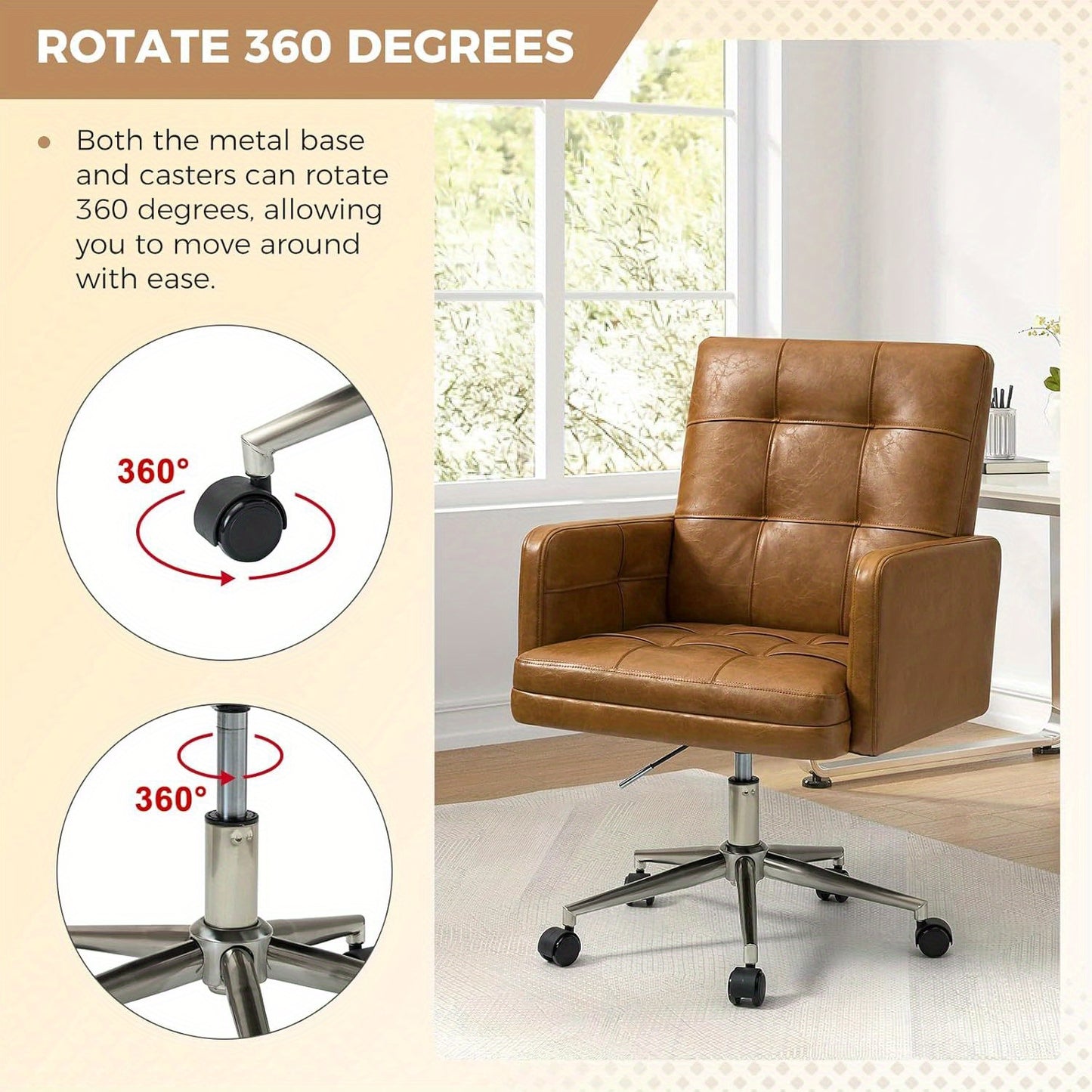 Office Chair with Mid Back Support & Armrests, Mid Century Modern Tufted Home Gaming Desk Chair, Height-Adjustable Swivel Computer Task Chair for Study Bedroom Living Room