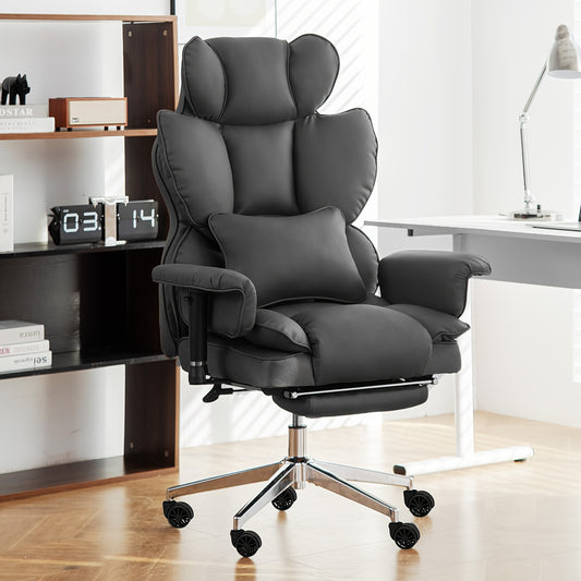 Ergonomic Big and Tall Office Chair, Reclining Gaming Chair with Thick Faux Leather Upholstery and Lumbar Support, Stainless Steel Frame, Rotating Mechanism for Hard Floors - Ideal for Home Office, Computer Desk Chair, Comfy
