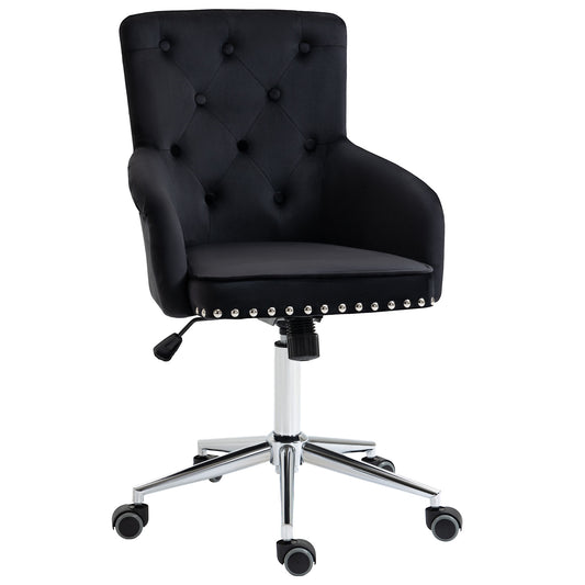HOMCOM Modern Mid-back Desk Chair with Button Tufted Velvet Back, Nailhead Trim, Swivel Home Office Chair with Adjustable Height, Curved Padded Armrests, Black