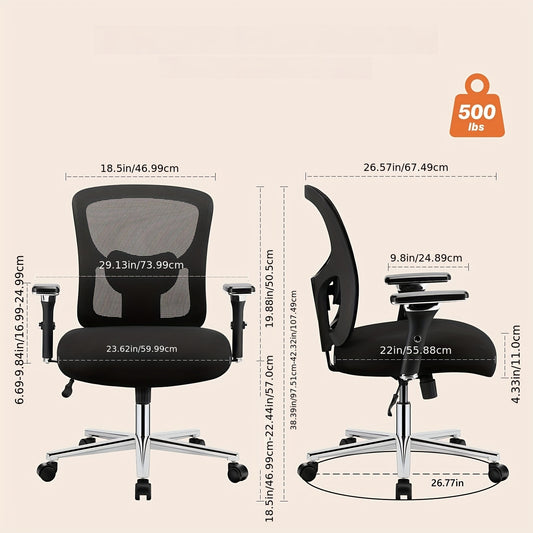 Big And Tall Office Desk Lumbar Support, 500LBS Heavy Duty Mesh Ergonomic Computer Chair With Arm And Wide Comfy Seat, Wheels For Adult, Extra-Large, Black
