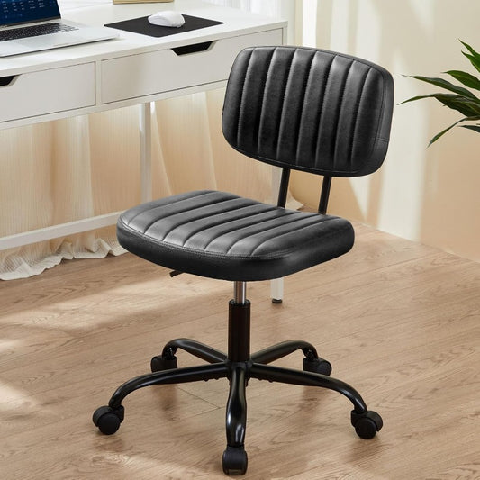 Small Office Desk Chair with Wheels Armless Comfy Computer Chair with Lumbar Support PU Leather Low Back Adjustable Height 360° Rolling Swivel Task Chair Without Arm for Home Bedroom