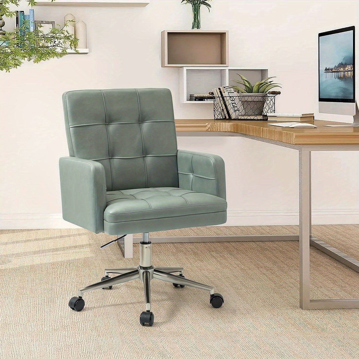 Office Chair with Mid Back Support & Armrests, Mid Century Modern Tufted Home Gaming Desk Chair, Height-Adjustable Swivel Computer Task Chair for Study Bedroom Living Room
