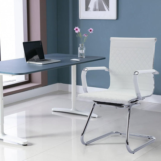 Set Of 2 Features A Minimalist Office Chair With A Diamond Grid Design On The Back, Equipped With Armrests And A Chrome Metal Base For Home Work, Suitable For Meeting Rooms\u002Fwaiting Rooms