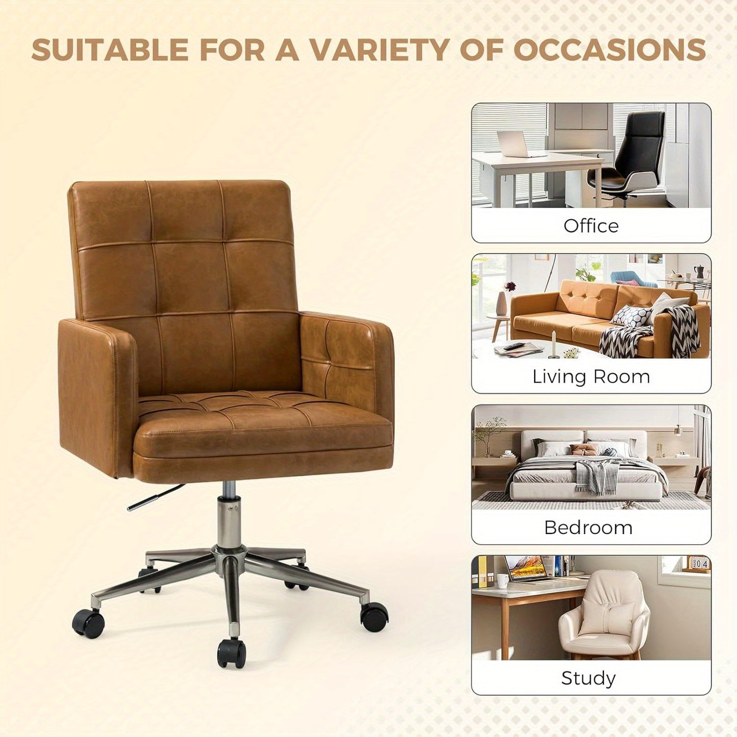 Office Chair with Mid Back Support & Armrests, Mid Century Modern Tufted Home Gaming Desk Chair, Height-Adjustable Swivel Computer Task Chair for Study Bedroom Living Room
