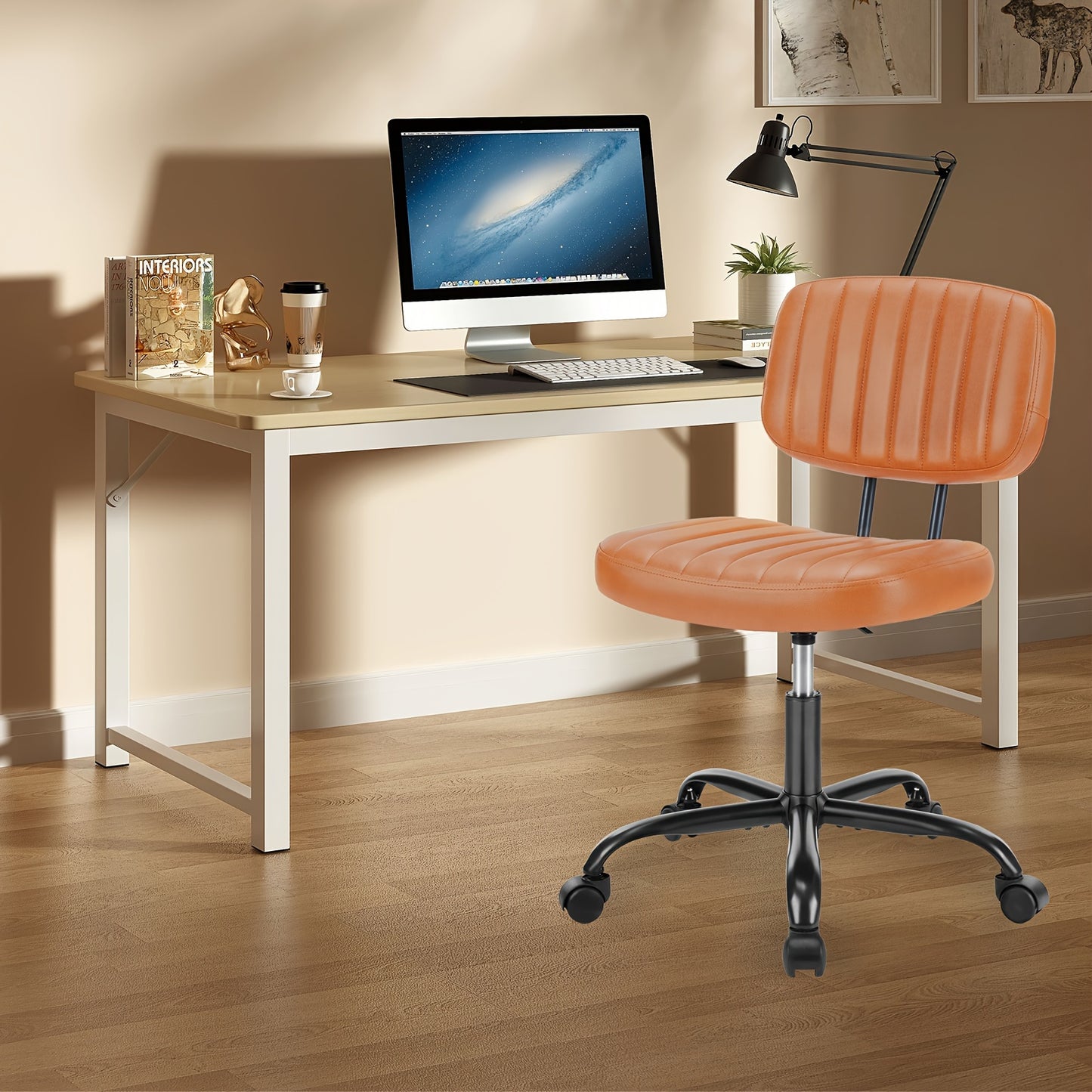 Armless Home Office Chair, Ergonomic Desk Chair with Wheels, Height Adjustable PU Leather, Comfy Low Back Lumbar Support - Brown