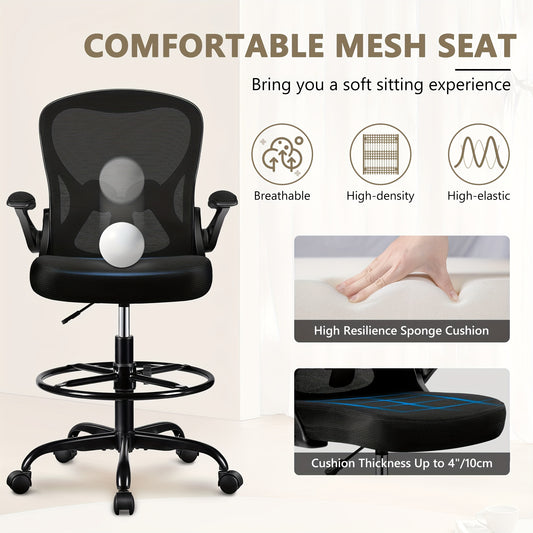 Actflame Drafting Chair Tall Office Chair With Flip-up Armrests Executive Ergonomic Computer Standing Desk Chair With Adjustable Lumbar Support And Adjustable Footrest Ring