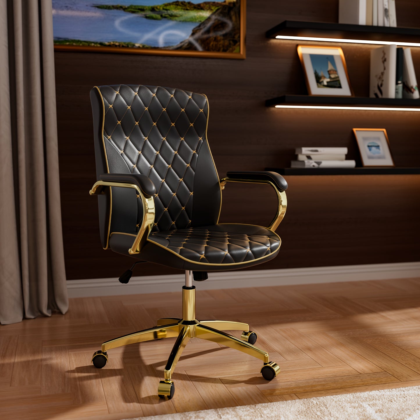 1pc Office Chair with Golden Frame, Soft PU Office Chair with Wheels And Padded Arms, Mid Back Executive Desk Chair, Swivel Vintage Desk Chair And Height Adjustable