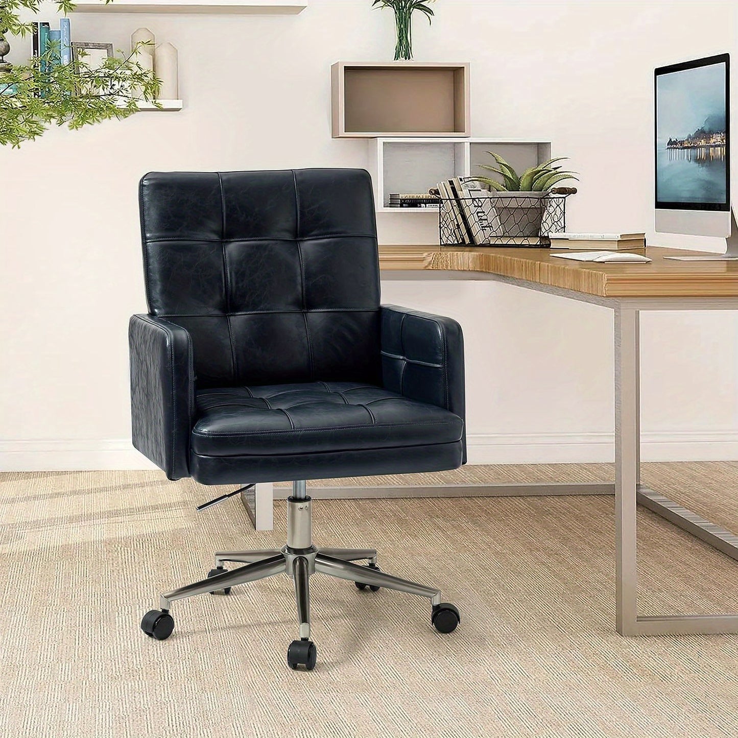 Office Chair with Mid Back Support & Armrests, Mid Century Modern Tufted Home Gaming Desk Chair, Height-Adjustable Swivel Computer Task Chair for Study Bedroom Living Room