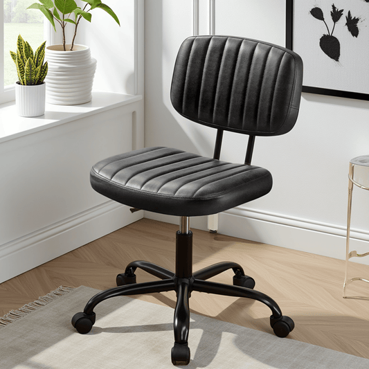 Idle Way Compact PU Leather Office Chair with Lumbar Support- Stylish Armless Swivel Task Chair on Wheels for Home Office and Study- Comfortable and Functional